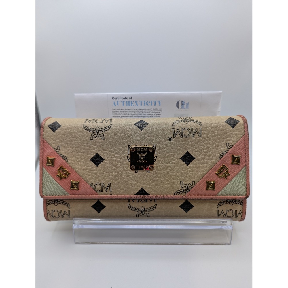 MCM Wallet Visetos Coated Canvas‎ Continental Flap Beige Pink Long COA